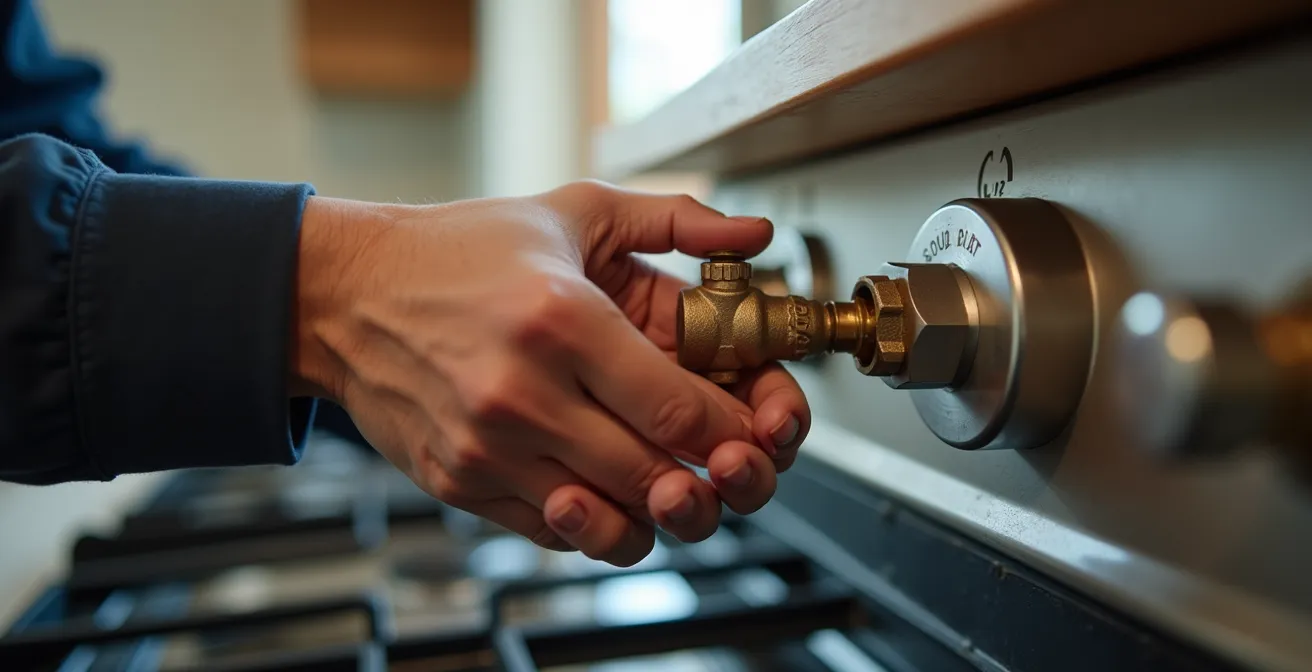 Installation de valves d'arrêt sur différents appareils au gaz naturel dans une cuisine résidentielle