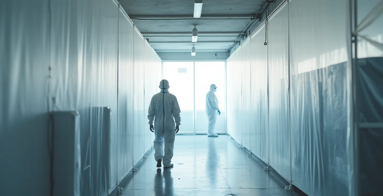 Vue d'ensemble d'une zone de confinement professionnelle avec équipement de filtration HEPA