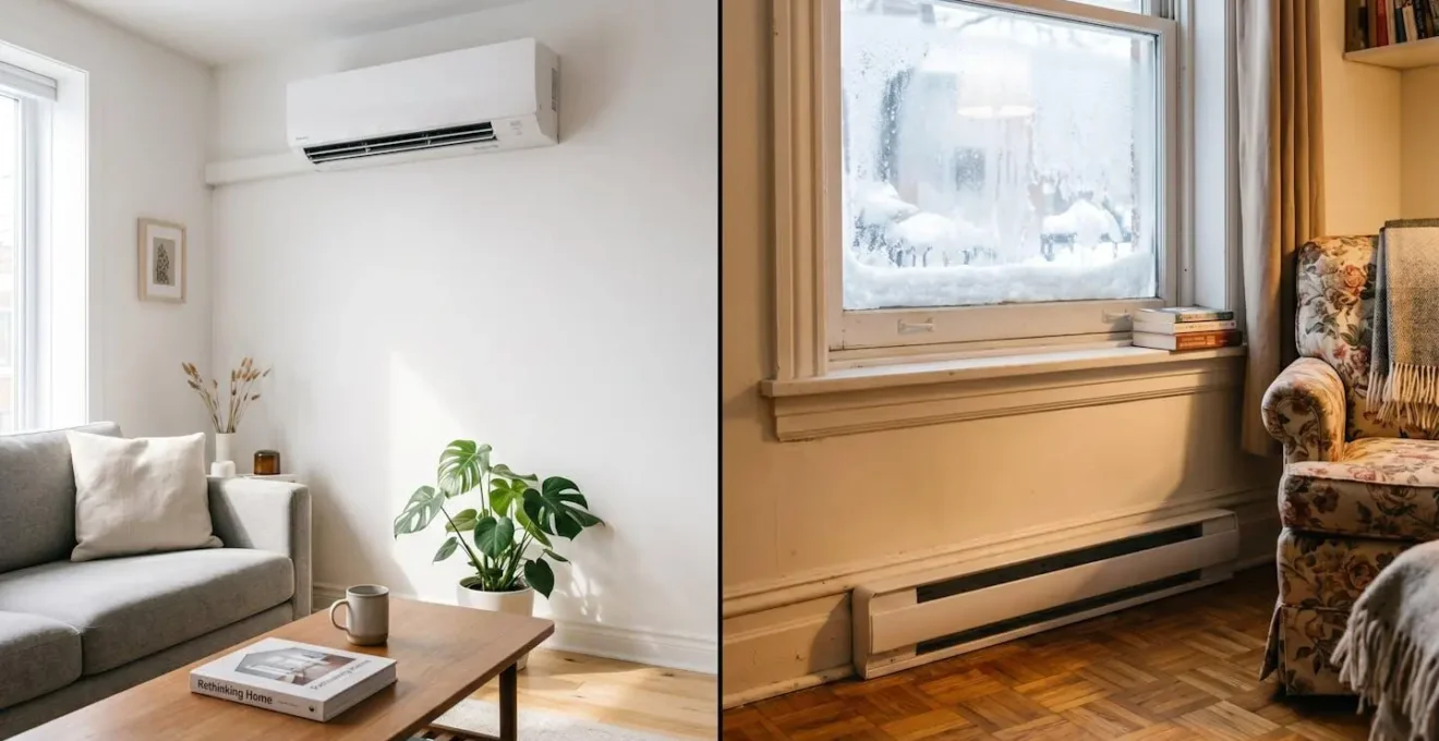 Vue intérieure comparant une thermopompe murale moderne et un convecteur électrique dans un appartement montréalais