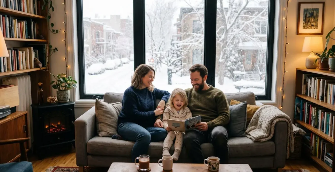 Famille dans un salon montréalais bien chauffé en hiver, lumière naturelle tamisée, ambiance confortable