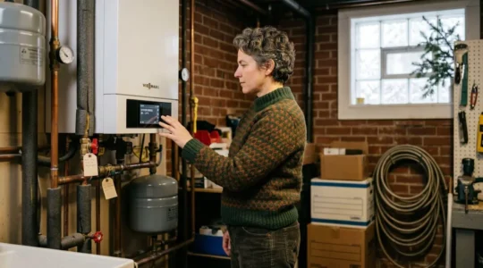 Propriétaire montréalais examinant le tableau de commande de son système de chauffage dans une maison unifamiliale en hiver