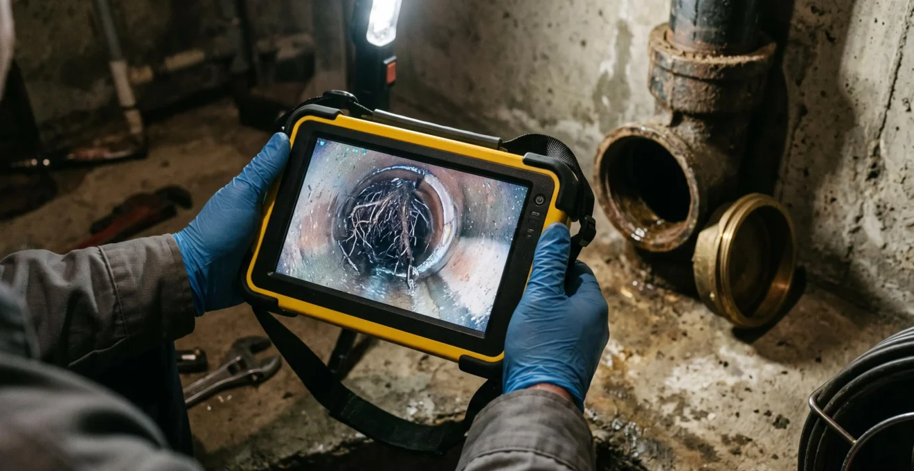 Un écran d'inspection montre des racines à l'intérieur d'un drain de maison.